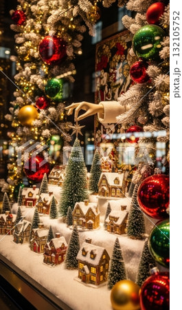 Festive christmas window display with snow-covered miniature village and ornate decorations 132105752