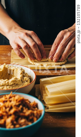 Traditional tamale preparation with masa and fillings on rustic kitchen table Traditional tamale preparation with masa and fillings on rustic kitchen table 132105789