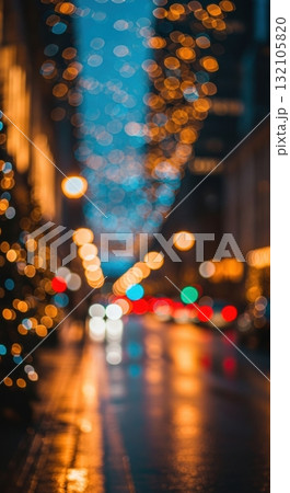 Vibrant night cityscape with festive lights and reflections on wet street Vibrant night cityscape with festive lights and reflections on wet street 132105820