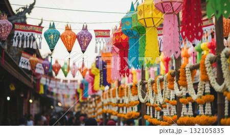 Colorful lanterns and floral garlands adorning a festive street market 132105835