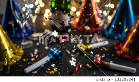 Festive celebration with colorful party hats, noise makers, and glittering confetti 132105841