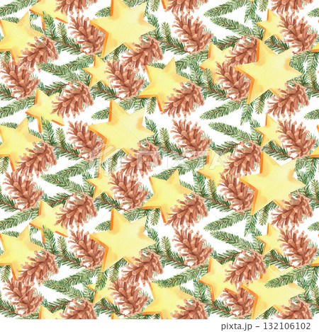 Seamless pattern fir branches, fir cones and stars. For fabric, wallpaper, packing paper, greeting cards, design, decoration and illustration. Seamless pattern fir branches, fir cones and stars. For fabric, wallpaper, packing paper, greeting cards, design, decoration and illustration. 132106102