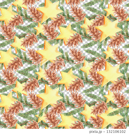 Seamless pattern fir branches, fir cones and stars. For fabric, wallpaper, packing paper, greeting cards, design, decoration and illustration. 132106102