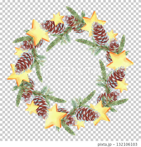 Wreath of fir branches, fir cones and stars. For fabric, wallpaper, packing paper, greeting cards, design, decoration and illustration. 132106103