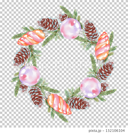 Wreath of fir branches, fir cones and toys. Watercolor illustration. For fabric, wallpaper, packing paper, greeting cards, design, decoration and illustration. 132106104