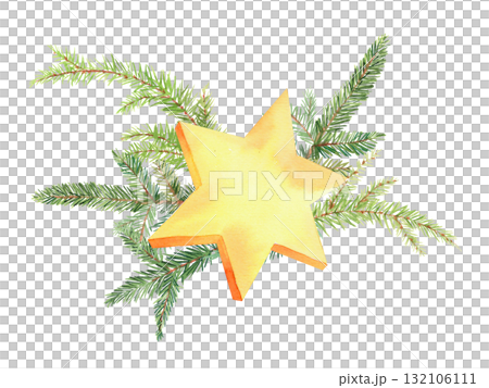 Star and christmas tree branches. For fabric, wallpaper, packing paper, greeting cards, design, decoration and illustration. Star and christmas tree branches. For fabric, wallpaper, packing paper, greeting cards, design, decoration and illustration. 132106111