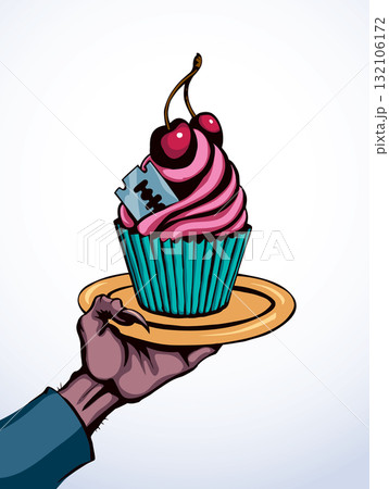 Vector drawing. The hand offers a treacherous treat Vector drawing. The hand offers a treacherous treat 132106172