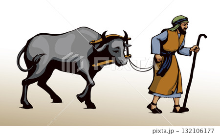 Vector drawing. A man leads an ox 132106177