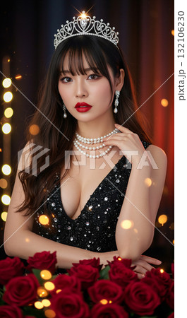 ティアラとパールネックレスを身に着けたエレガントな女性のポートレート（ブラックドレスと赤いバラ） 132106230