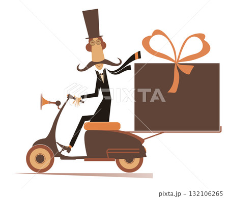Funny man in the top hat conveys a gift box on the scooter. Cartoon long mustache man in the top hat rides on the scooter with a big gift box 132106265