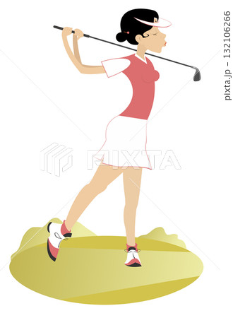 Golfer woman on the golf course. Golf course. Young golfer woman aiming to do a good shot Golfer woman on the golf course. Golf course. Young golfer woman aiming to do a good shot 132106266