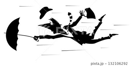 Windy day and man flies with umbrella. Strong wind. Man with an umbrella is gone by the wind. Black and white illustration	 132106292