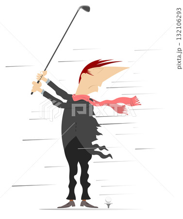 Strong wind and rain. Golfer man on the golf course. Wind. Bad weather. Cartoon golfer with a golf club tries to do a good shot. Isolated on white 132106293