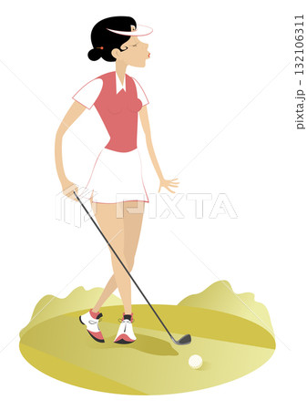 Golfer woman on the golf course. Golf course. Young golfer woman aiming to do a good shot Golfer woman on the golf course. Golf course. Young golfer woman aiming to do a good shot 132106311
