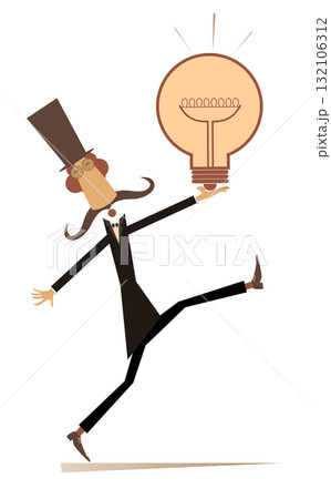 Business idea, knowledge exchange, successful work. Cartoon man in the top hat holds a light bulb. Isolated on white background Business idea, knowledge exchange, successful work. Cartoon man in the top hat holds a light bulb. Isolated on white background 132106312