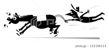Horse. Farmer. Cowboy. Rodeo. Cartoon farmer or cowboy catching a running horse by tail. Black and white illustration	 132106313