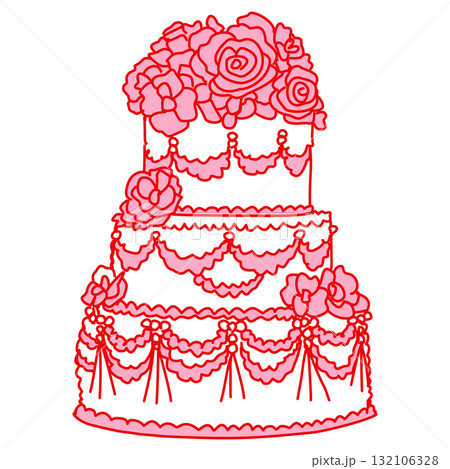 Elegant three tier pink floral cake illustration vintage patisserie dessert art coquette bakery aesthetic kawaii romantic wedding cake design sweet confectionery style 132106328