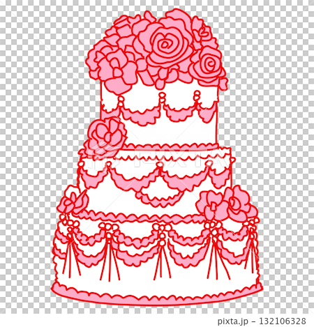 Elegant three tier pink floral cake illustration vintage patisserie dessert art coquette bakery aesthetic kawaii romantic wedding cake design sweet confectionery style 132106328