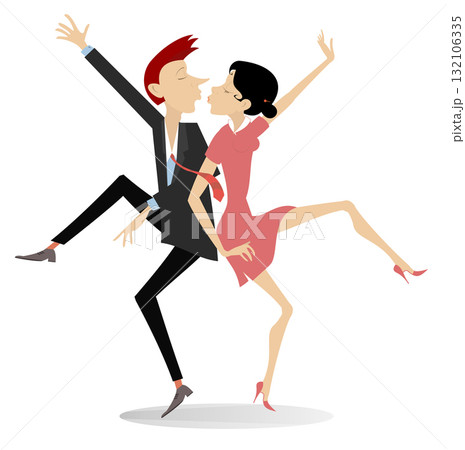 Romantic dancing young couple. Dancing young couple. Romantic dancing man and woman. Isolated on white background	 132106335