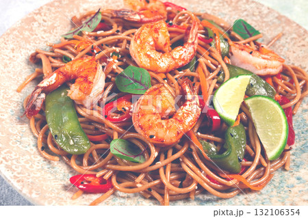 fried udon noodles with shrimp and vegetables, Asian cuisine, homemade, no people, 132106354