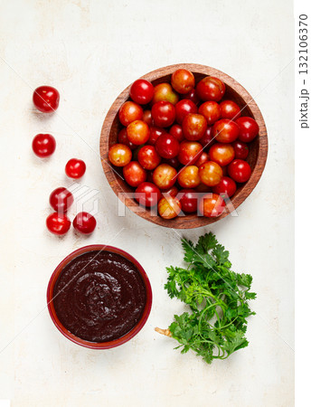 tkemali sauce, from red cherry plum, Georgian tkemali sauce, top view, no people, 132106370