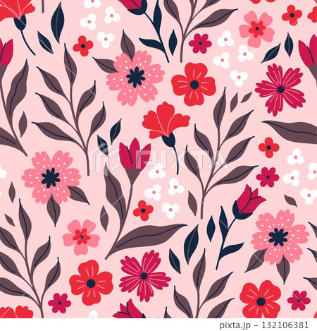 Seamless pattern with flowers on a light pink background. Vector graphics. Seamless pattern with flowers on a light pink background. Vector graphics. 132106381