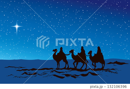 Camel caravan travels. Vector drawing 132106396