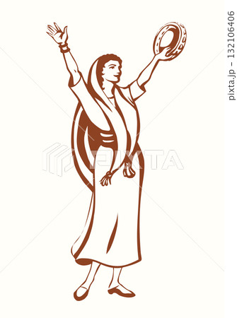 Dancing woman with a tambourine. Vector drawing 132106406