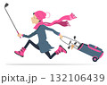 Young woman running to play golf. Wind. Weather. Cartoon running woman in the hat and scarf holding a golf club and golf bag 132106439