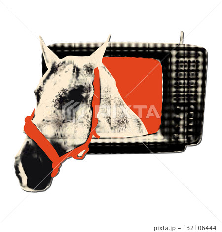 Halftone horse head inside vintage TV with red screen funny art collage animal element. Cut out clipping shapes, surreal media, pop culture and entertainment concept. Modern retro vector illustration 132106444