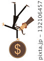 Cartoon man and dollar coin. Success in business. Gambling. Lottery. Cartoon long mustache man in the top hat balances on one hand head over heels on the dollar coin. Isolated on white background 132106457