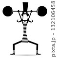 Strong long mustache weightlifter in the top hat. Man in the top hat dressed in striped athletic tights raises the heavy weight. Black and white illustration 132106458