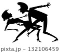 Romantic dancing young couple. Art silhouette. Dancing young man and woman. Black on white background 132106459