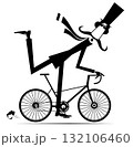 Cycling. Cartoon man in the top hat rides a bike. Long mustache man in the top hat rides a bike. Black on white illustration 132106460