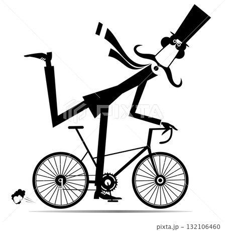 Cycling. Cartoon man in the top hat rides a bike. Long mustache man in the top hat rides a bike. Black on white illustration 132106460