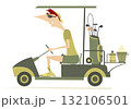 Young man on the golf cart car goes to play golf. Smiling man going to play golf in the golf cart. On white background	 132106501
