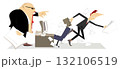 Angry boss and employee man. Angry chief scolds his employee. Employee runs away from the angry director. Angry chief scolds his employee and points him get out from the office 132106519