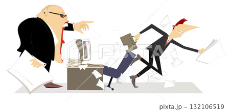 Angry boss and employee man. Angry chief scolds his employee. Employee runs away from the angry director. Angry chief scolds his employee and points him get out from the office 132106519