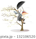 Bad weather. Hurricane, Strong wind. Flying leaves. Man with umbrella sits a tree. Frightened man grabbing a tree branch to escape from the strong wind. Isolated on white background 132106520