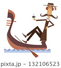 Man riding a gondola. Cup of coffee or tea. Resting gondolier drinking a cup of coffee or tea. Black on white illustration	 132106523