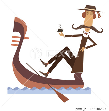 Man riding a gondola. Cup of coffee or tea. Resting gondolier drinking a cup of coffee or tea. Black on white illustration	 132106523