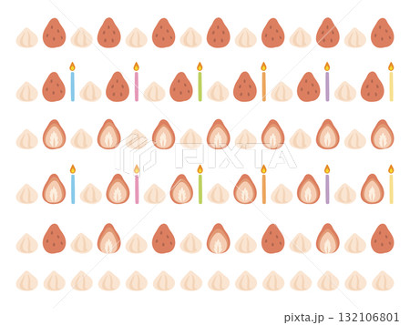 いちごとキャンドルが並んだ可愛いケーキトッピングのラインイラスト 132106801