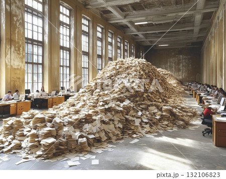A surreal wave of paperwork engulfs an office during a busy workday. Generative AI 132106823