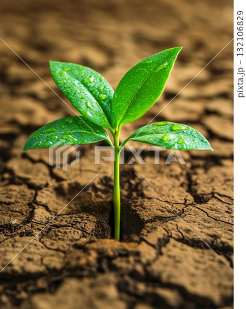 A resilient green sprout emerges from cracked dry soil after a refreshing rain shower. Generative AI A resilient green sprout emerges from cracked dry soil after a refreshing rain shower. Generative AI 132106829