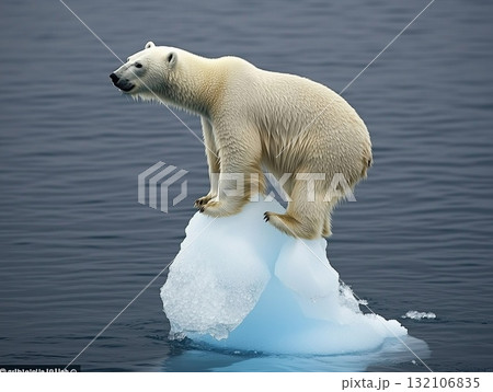 A solitary polar bear stranded on shrinking ice in the Arctic during summer. Generative AI 132106835