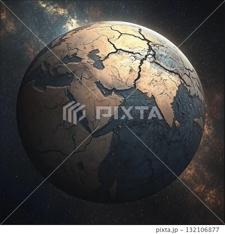 A cracked Earth symbolizing global warming and environmental change challenges. Generative AI 132106877