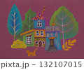 Cozy children's town houses mixed media drawing on burgundy 132107015