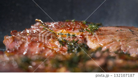 Cooked Beef Meat Looks Very Tasty Close Up About Food Art. Macro steak details. Cooked Beef Meat Looks Very Tasty Close Up About Food Art. Macro steak details. 132107187