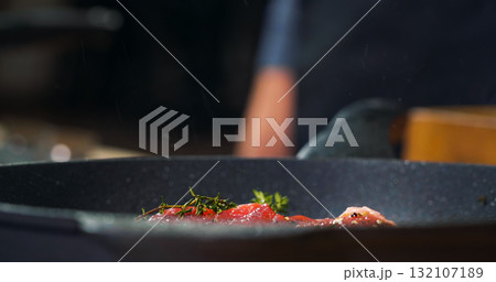 Cooking Beef Meat Roasted at Kitchen, Close Up 132107189