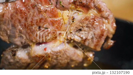 Cooked Beef Meat Looks Very Tasty Close Up Macro steak details. 132107190